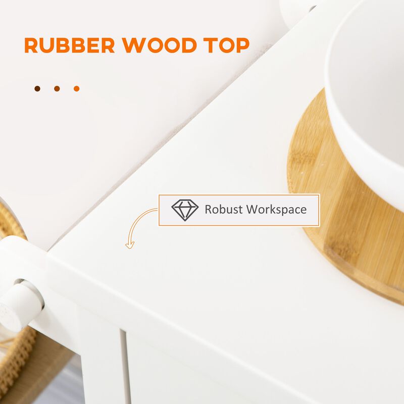 White Kitchen Helper: Mobile Island with Rubberwood Top & Storage