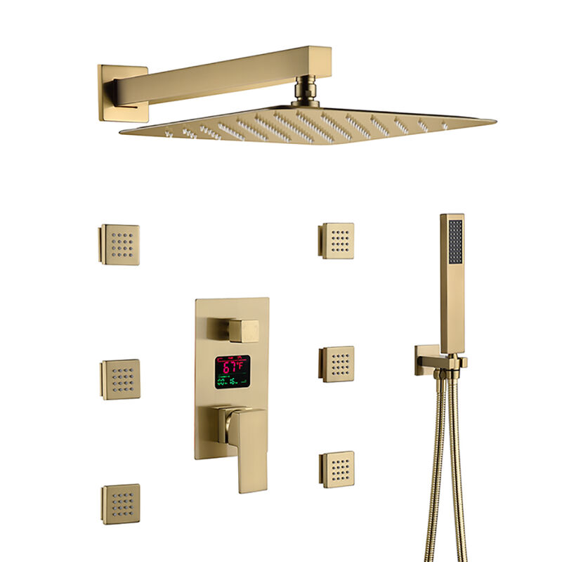 Mondawe Temperature Digital Display 3 Functions Wall Mounted Thermostatic Shower System with 6 Body Jets and Rough-in Valve in Brushed Gold