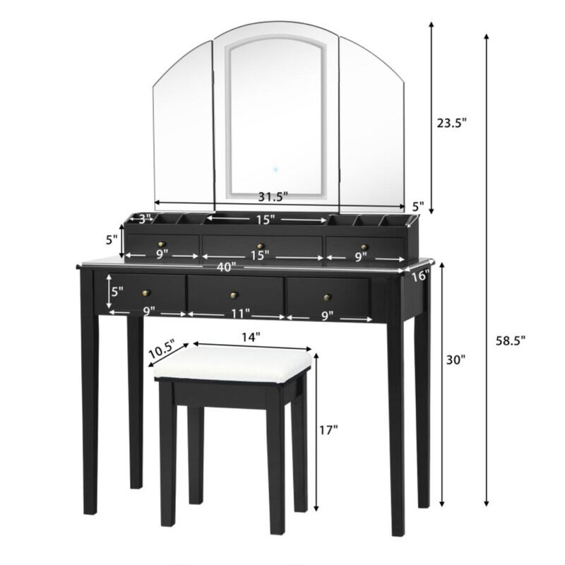 Hivvago Vanity Table Stool Set with Large Tri-folding Lighted Mirror
