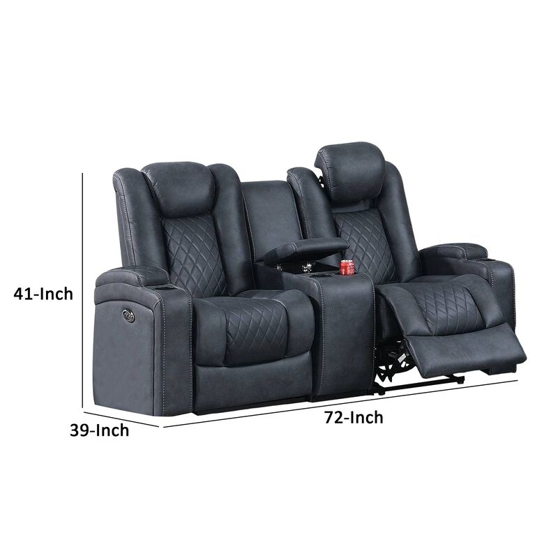 Elva 72 Inch Power Reclining Loveseat, Lift Top Storage Console, Blue