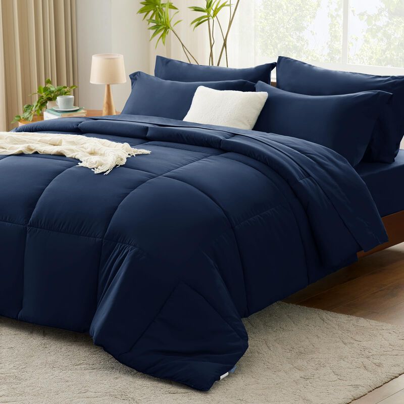 CozyLux Queen Comforter Set - 7 Pieces Bed in a Bag Set Navy Blue Queen, Complete Bedding Sets Bed Set for All Season with Comfo