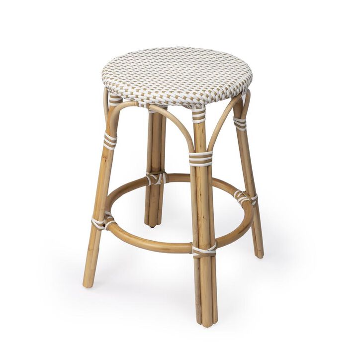 Butler Specialty Tobias Rattan Round 24 Counter Stool, White and Tan Dot