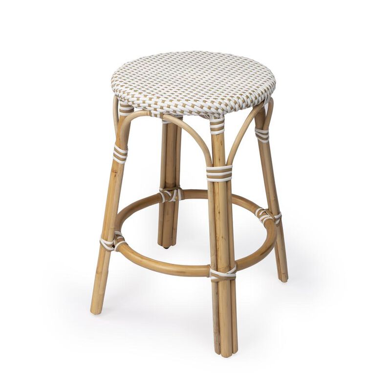 Butler Specialty Tobias Rattan Round 24 Counter Stool, White and Tan Dot