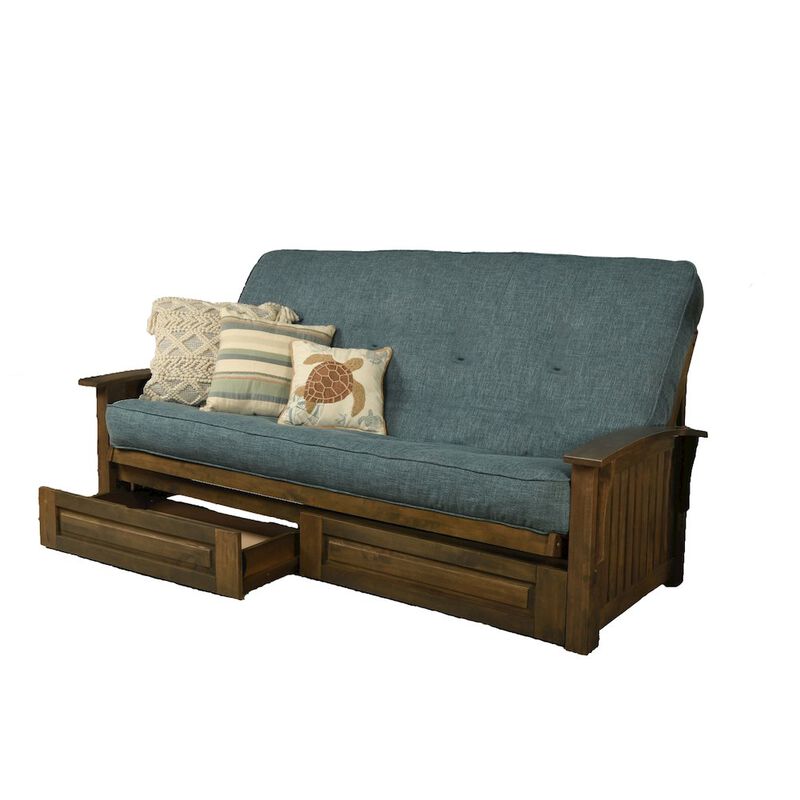 Washington Frame-Rustic Walnut Finish-Linen Aqua Mattress-Storage Drawers