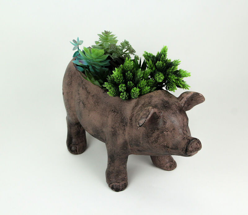 17 Inch Long Rustic Brown Finish Smiling Pig Planter image number 1