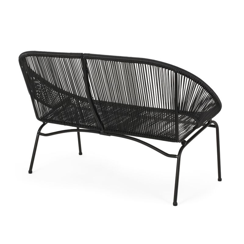 Remma Loveseat, Outdoor Rattan, Basket Woven, Black Iron Frame, 52 Inch - Benzara