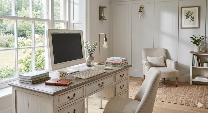 Liberty Furniture Farmhouse Reimagined Writing Desk with 3 Drawers, Trestle Base, Antique White & Chestnut Two-Tone Finish image number 1