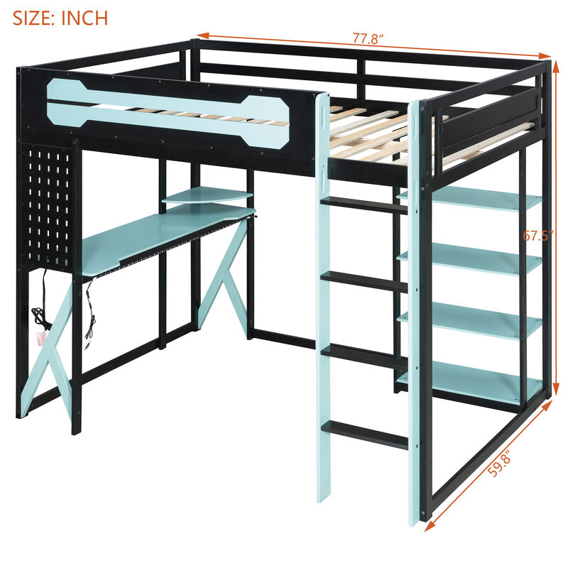 Merax Full Size Wood Loft Bed with Desk, Shelves, Power Outlet image number 4
