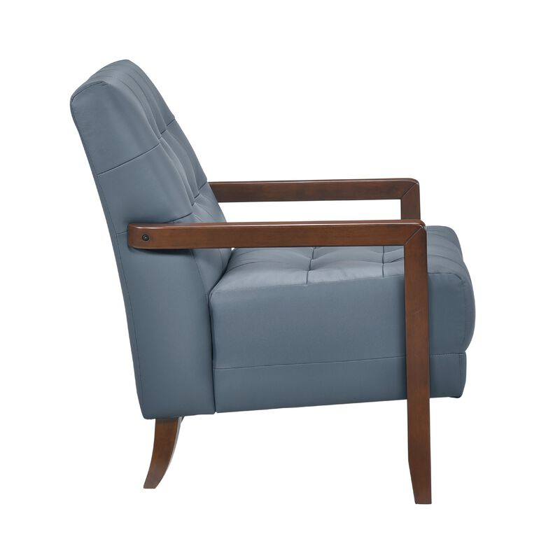 Lenie Accent Armchair, Button Tufted Blue Leather, Walnut Brown Wood