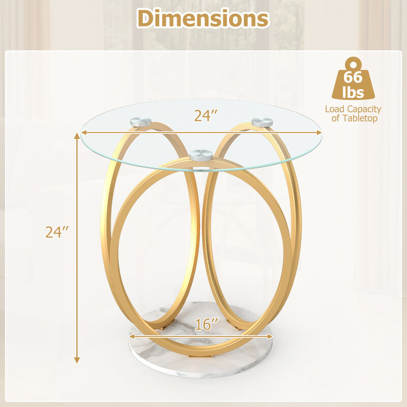Round Accent Side Table with Faux Marble Design and Tempered Glass Top image number 2