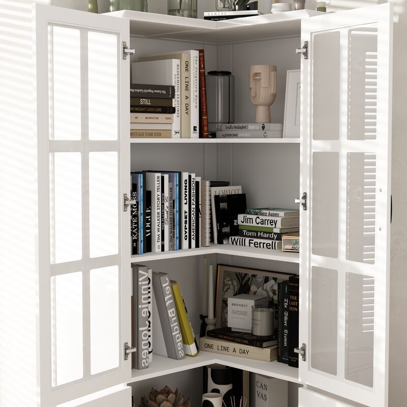 FUFU&GAGA White Mdf 5-Shelf Corner Bookcase with Doors (31.5-in W x 78.9-in H x 31.5-in D), White