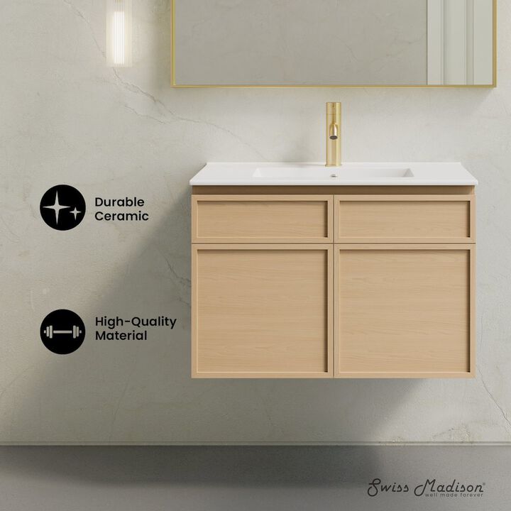 St. Tropez 30" Wall-Mounted Bathroom Vanity in Natural Oak with Sink Top