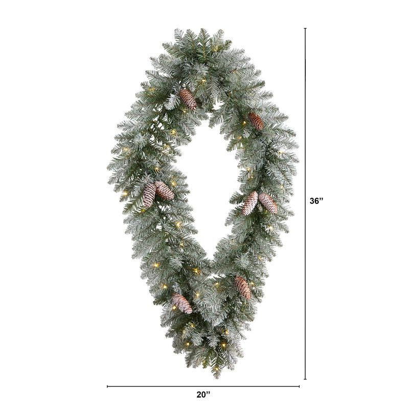 Hivvago 3' Holiday Christmas Geometric Diamond Frosted Wreath with Pinecones and 50 Warm White LED Lights