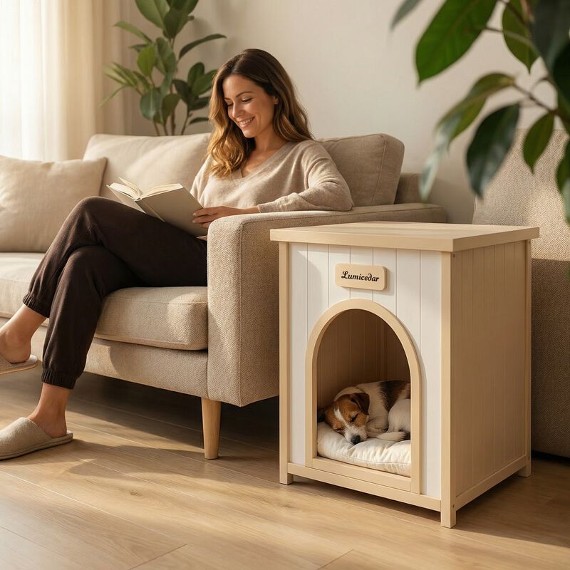 Cream Yellow Flat Roof Pet House, Solid Wood Indoor Shelter for Small Cats & Dogs image number 2