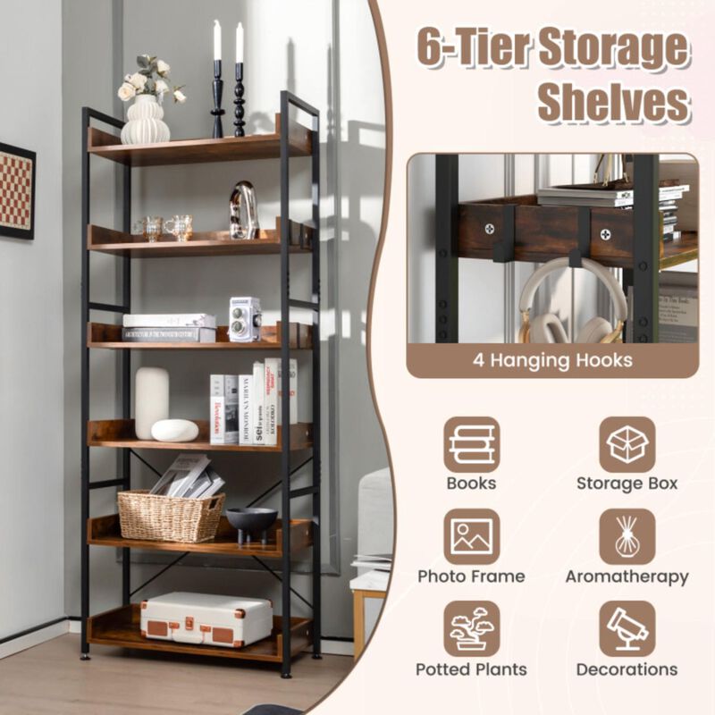 Hivvago 6-Tier Tall Industrial Bookcase with Open Shelves and 4 Hooks-Brown