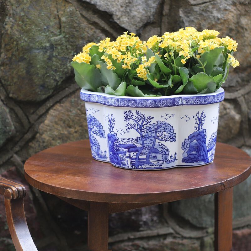 Euro Ceramica Blue & White Landscape Design 13.25" Oval Scalloped Edge Ceramic Planter image number 2