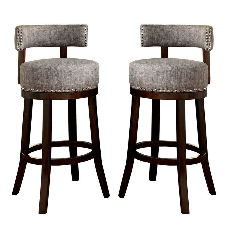 Swivel Barstool with Curved Open Low Back, Set of 2, Gray and Brown