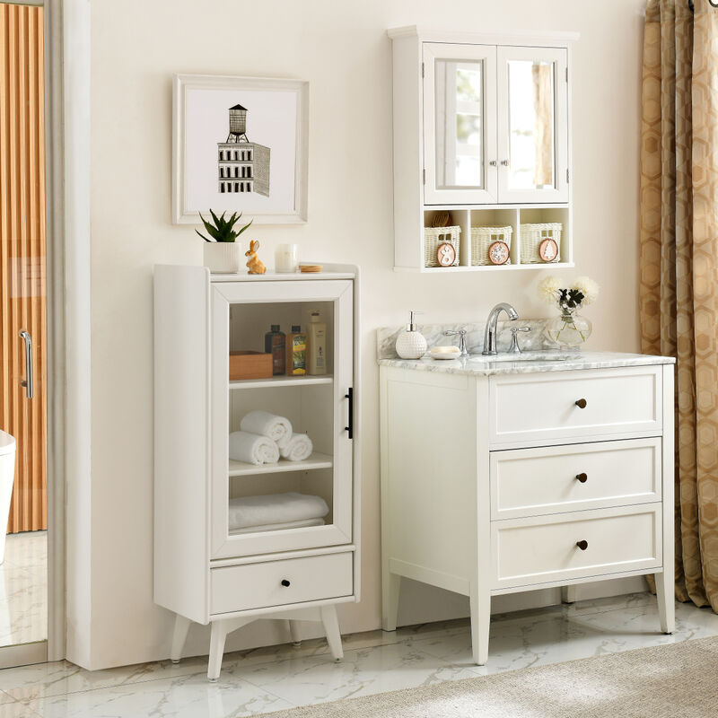 Modern Bathroom Storage Cabinet & Floor Standing cabinet with Glass Door with Double Adjustable Shelves and One Drawer, Extra Storage Space on Top, White(19.75"x13.75"x46")