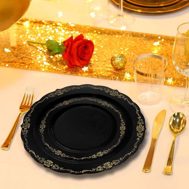 Black with Gold Vintage Rim Round Plastic Wedding Value Set (30 Sets) image number 8