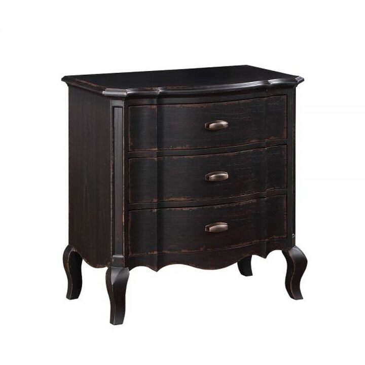 Cherry 30 Inch Nightstand, 3 Drawers, Cabriole Legs, Rubberwood, Black - Benzara