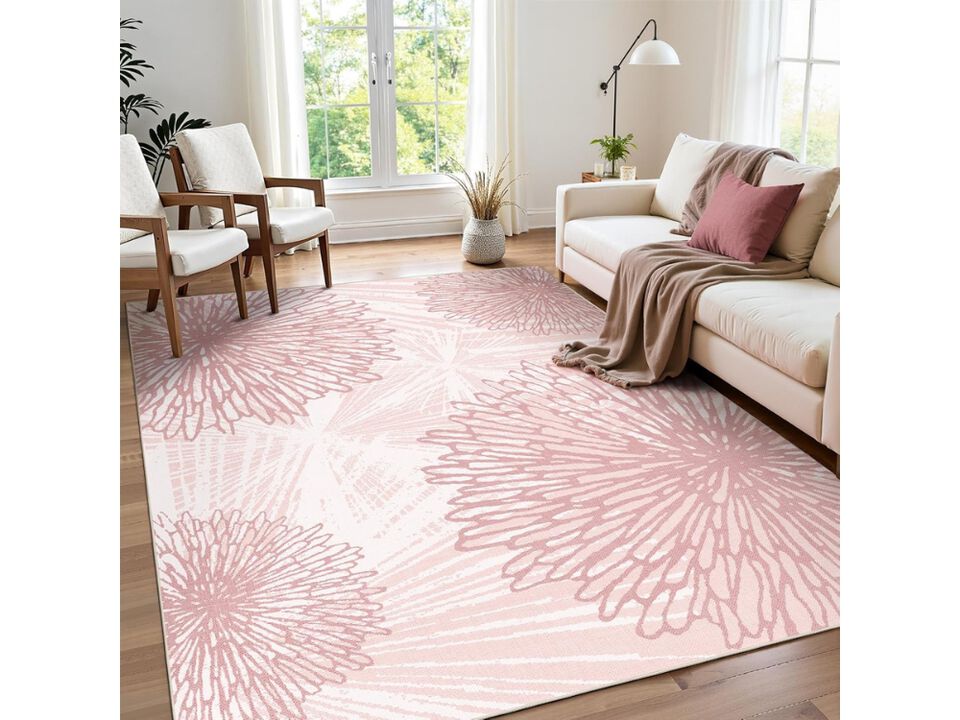Pink Boho Floral Area Rug 5x7 Washable Non Slip Bedroom Floor Carpet