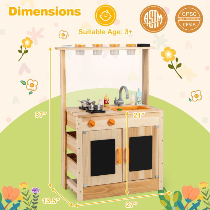Hivvago Kids Mud Kitchen Fir Wood Playset with Planting Pots and Blackboards