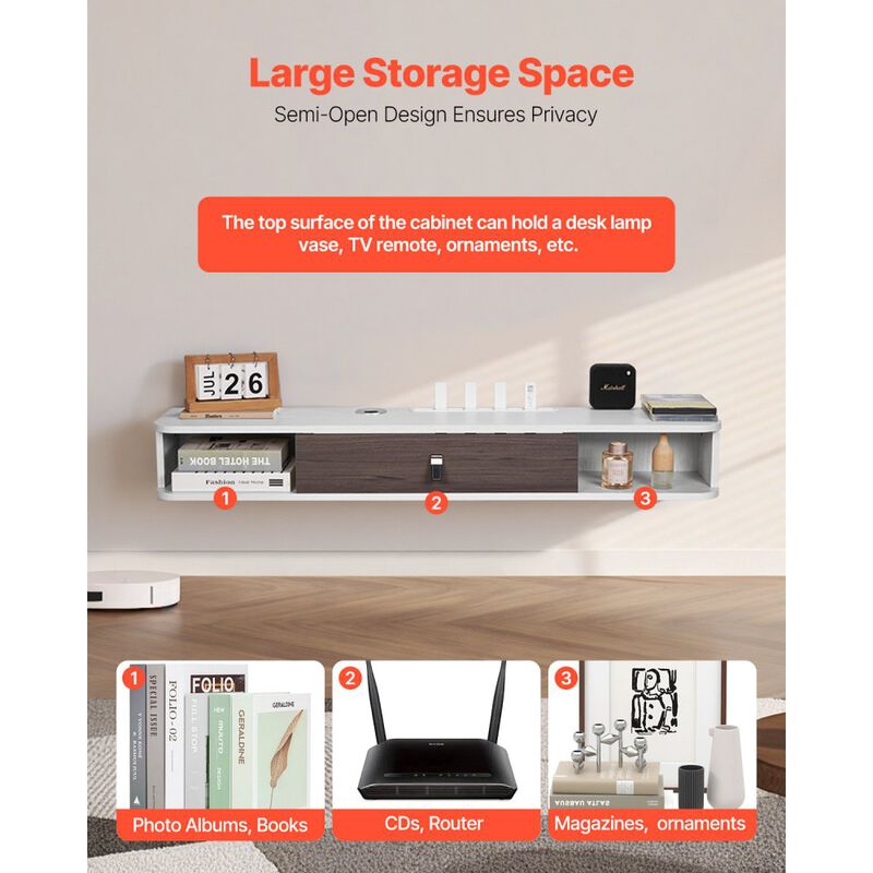 Modern Floating TV Stand with Storage Cabinet, Cable Hole for Game Console and Media Player-White image number 5