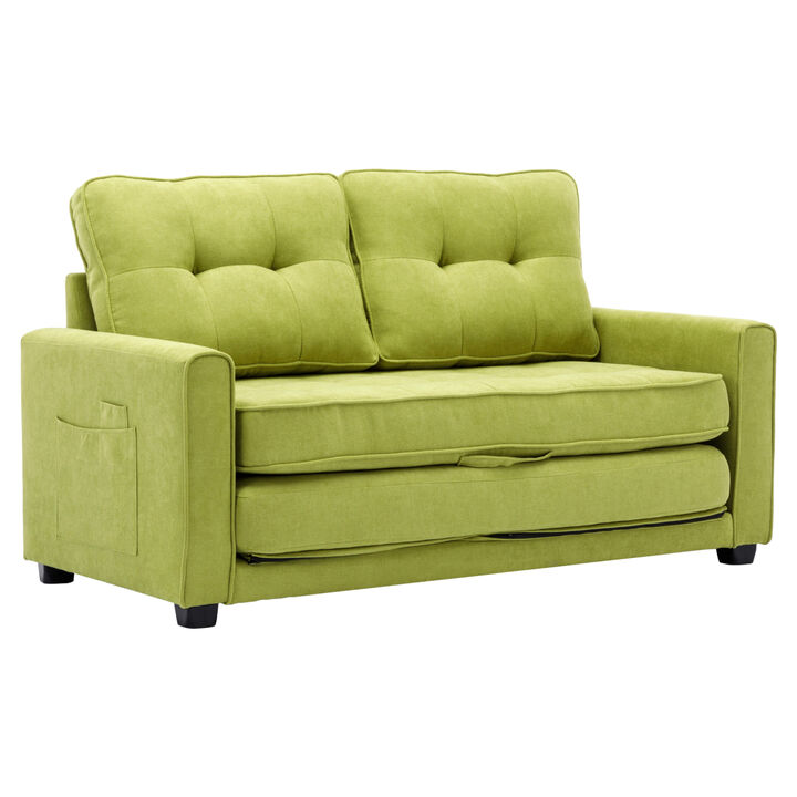 59.4" Loveseat Sofa with Pull-Out Bed Modern Upholstered Couch with Side Pocket for Living Room Office, Green
