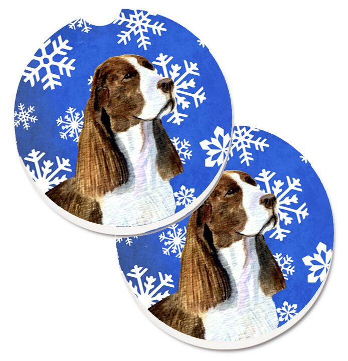 Caroline's Treasures Springer Spaniel Winter Snowflakes Holiday Set of 2 Cup Holder Car Coasters SS4651CARC, 2.56, Multicolor