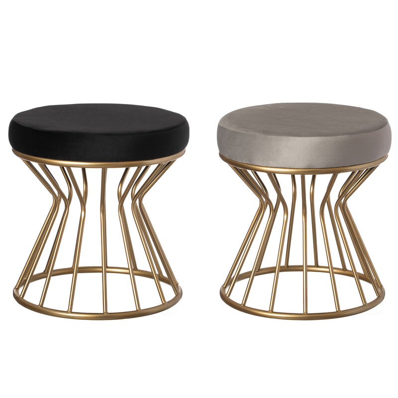 Modern Round Velvet Stool with Bent Gold Metal Base Standard Ottoman, Grey