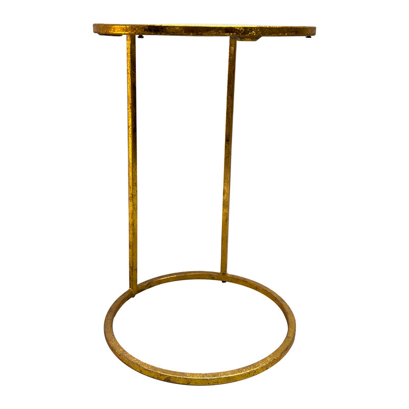 20 Inch Round Side End Table, White Marble Top with Blue Agate Stone Inlay, Gold Foil Finish Iron Frame