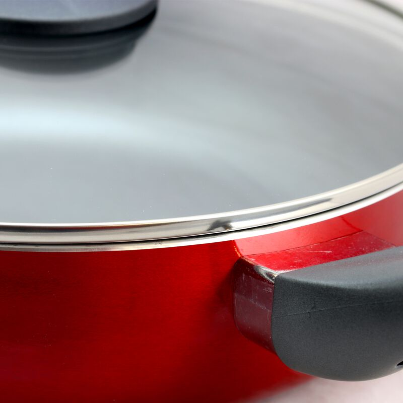 Oster Herscher 3.5 Quart Aluminum Saute Pan with Tempered Glass Lid in Red