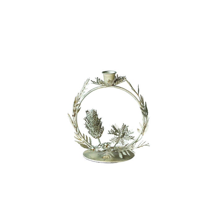 Metal Leaves and Pinecones Wreath Shaped Taper Holder, Antique Silver Finish
