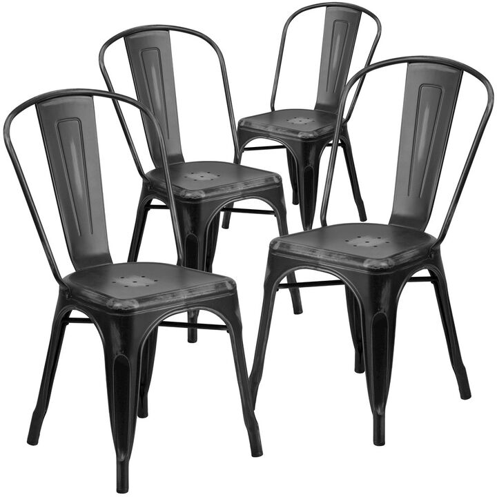 Flash Furniture 4 Pk. Distressed Black Metal Indoor Stackable Chair