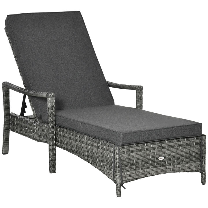 Outsunny Wicker Chaise Lounge, 4 Position Adjustable Backrest and Cushions Outdoor Lounge Chair PE Rattan Sun Lounger for Poolside, Balcony or Garden, Dark Grey