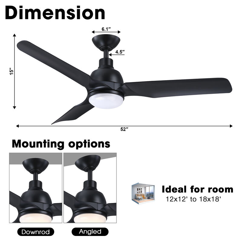 52 in. Black Reversible 6-Speed Ceiling Fan with Light and Remote