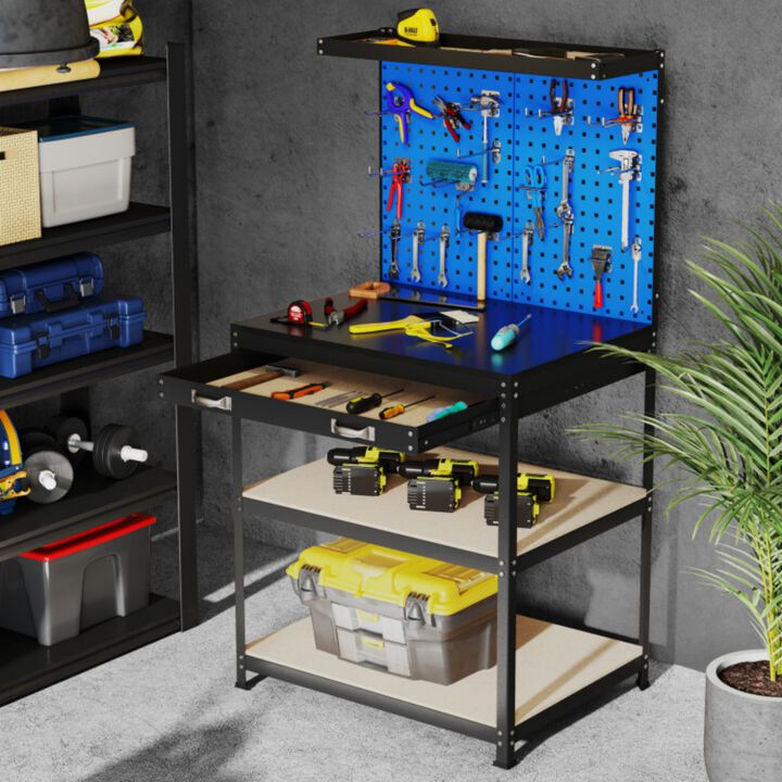 32" Heavy Duty Workbench with Pegboard, Drawer and Storage Shelves for Garage Workshop