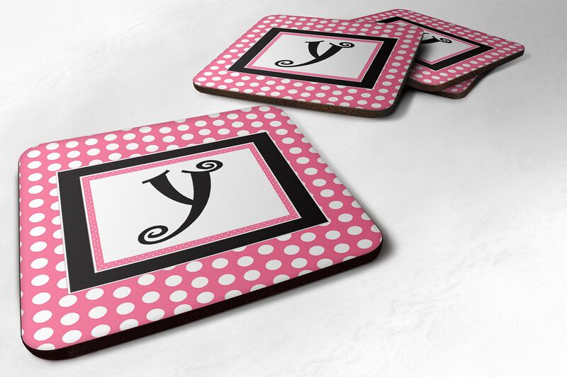 Caroline's Treasures CJ1001-YFC Monogram-Pink Black Polka Dots Foam Coasters (Set of 4), Initial Letter Y, 3.5 H x 3.5 W, Multicolor