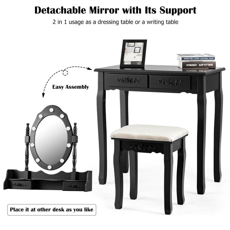 Makeup Vanity Dressing Table Set with Dimmable Bulbs Cushioned Stool-Black