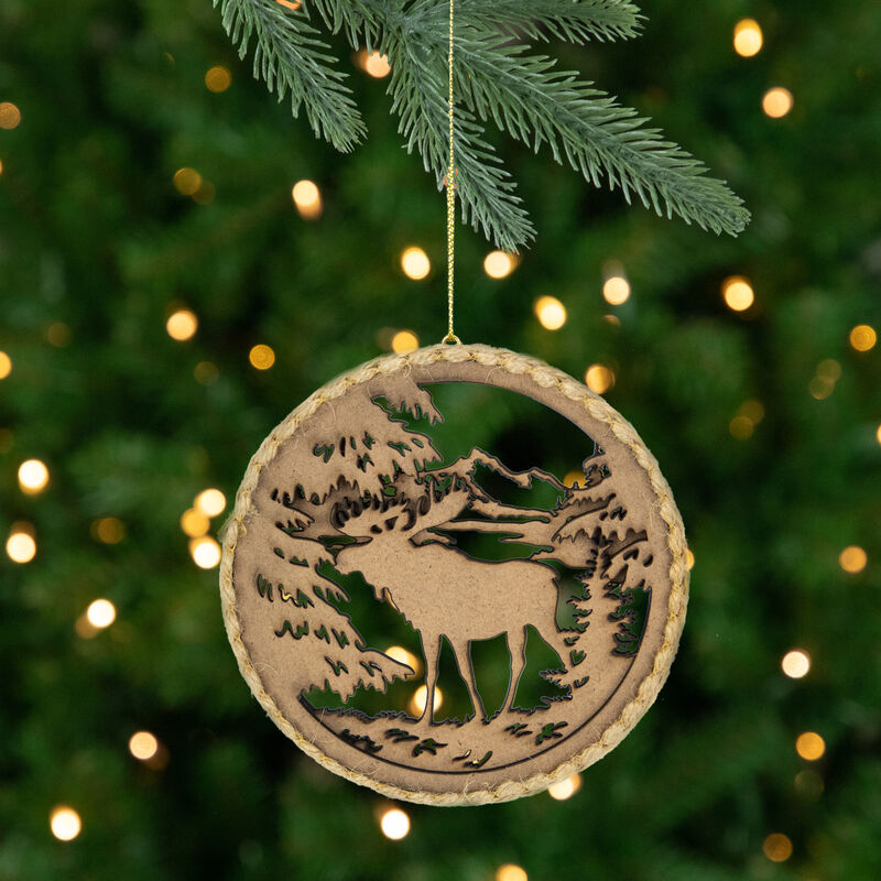 4.25 in Moose with Forest Trees Disk Christmas Ornament  Brown image number 1