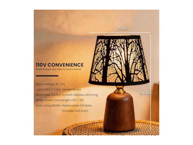 Dimmable 3 Color Rustic Wood Metal Bedside Lamp For Living Room Nightstand image number 2