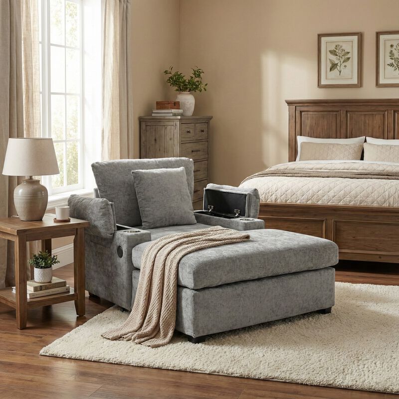 Whisen Ergonomic Accent Chair with Ottoman, Firm Chenille Sofa with Cupholders & USB Ports image number 3