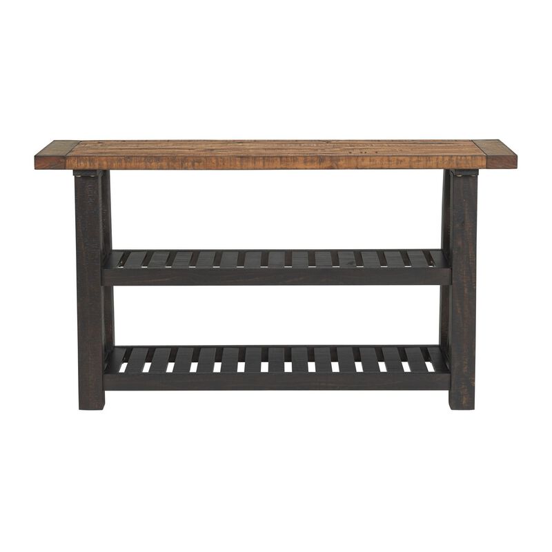 Sofa Table with 2 Slatted Shelves and X Legs, Brown and Black-Benzara