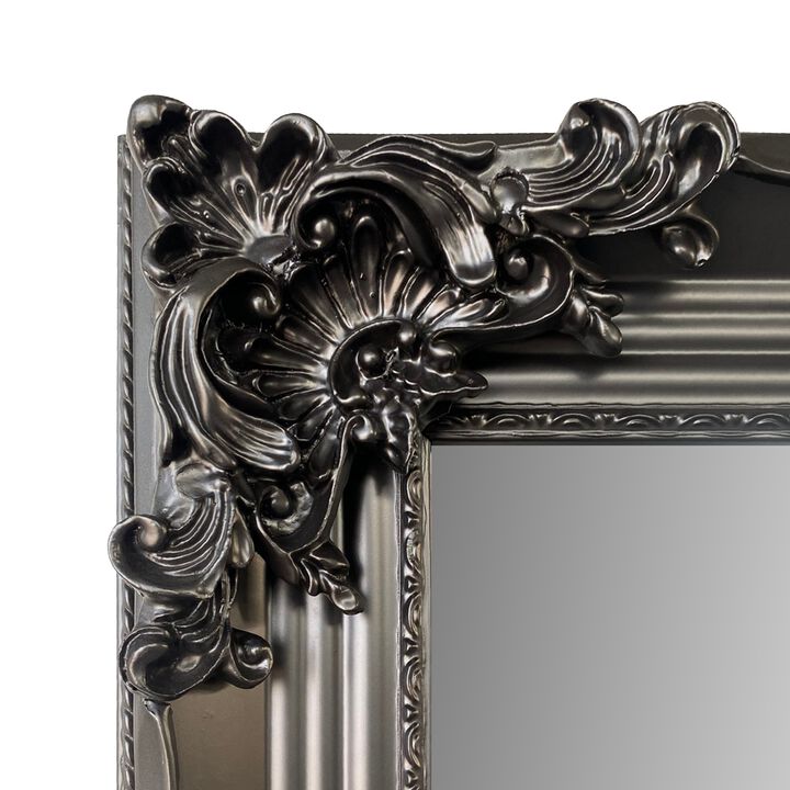 Wooden Frame Floor Mirror, Floral Carvings, Molded Details, Black-Benzara
