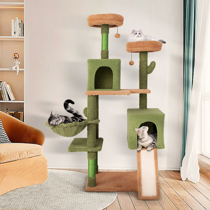 Multi-Level Cactus Cat Tree with Scratching Posts, Ladder, Double Condos, Toys, and Cozy Bed