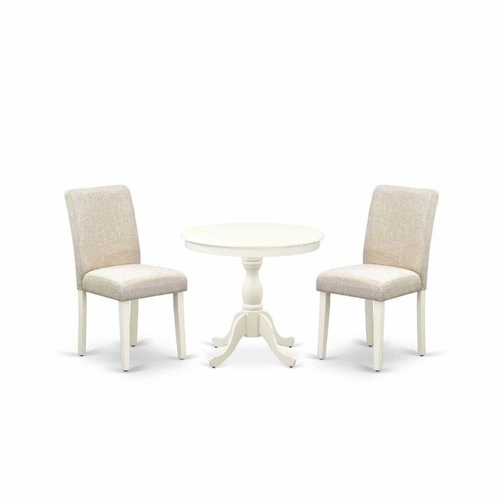 AMAB3-LWH-02 3 Pc Kitchen Table Set - 1 Pedestal Table and 2 Light Beige Parson Chairs - Linen White Finish