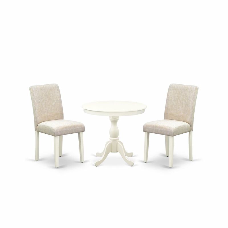 AMAB3-LWH-02 3 Pc Kitchen Table Set - 1 Pedestal Table and 2 Light Beige Parson Chairs - Linen White Finish