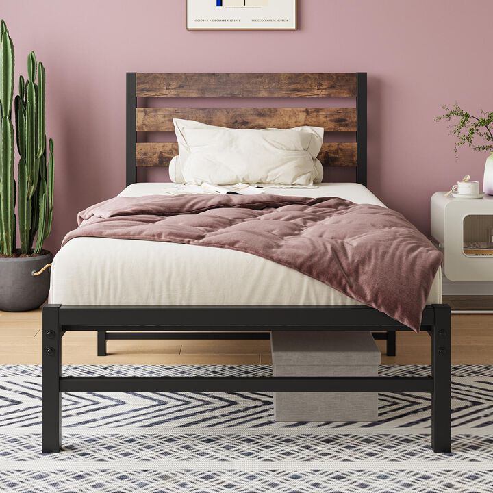 Twin Size Metal Platform Bed Frame with Rustic Vintage Wood Headboard, No Box Spring Needed