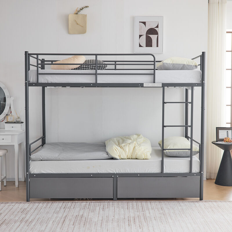 Space-Saving Convertible Bunk Bed with Metal Frame and Two Drawers