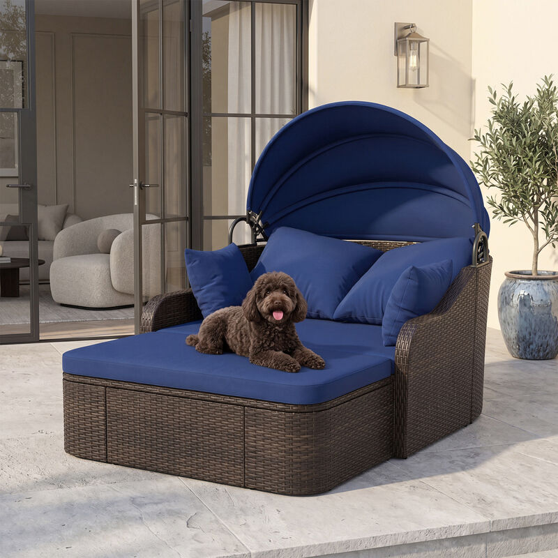 PE Rattan Patio Daybed with Adjustable Canopy and Soft Cushions image number 1